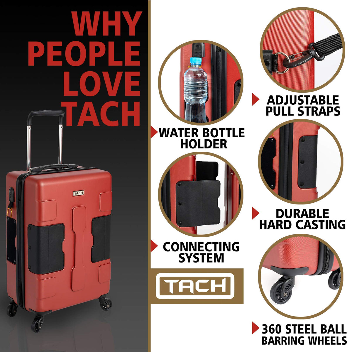 TACH V3 Connectable Hardside Luggage Set, 3 Piece Set, Wine Red