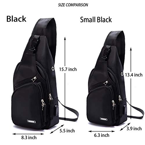 Seoky ROP Men Women Sling Backpack Nylon Water Resistant Shoulder Chest Crossbody Sling Bag with USB Charging Port Black