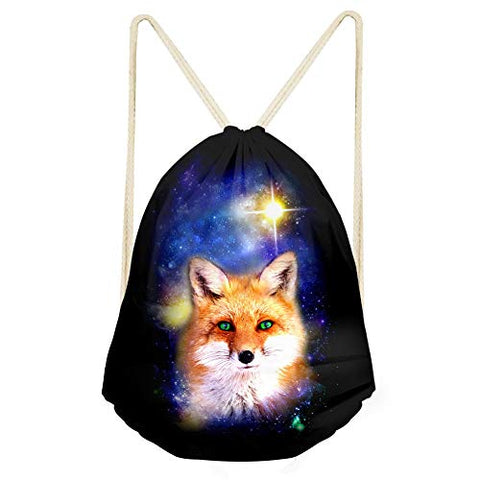 Coloranimal Universe Space Galaxy Fox Design Small Drawstring Backpack Hidden Zipper Closure Travel