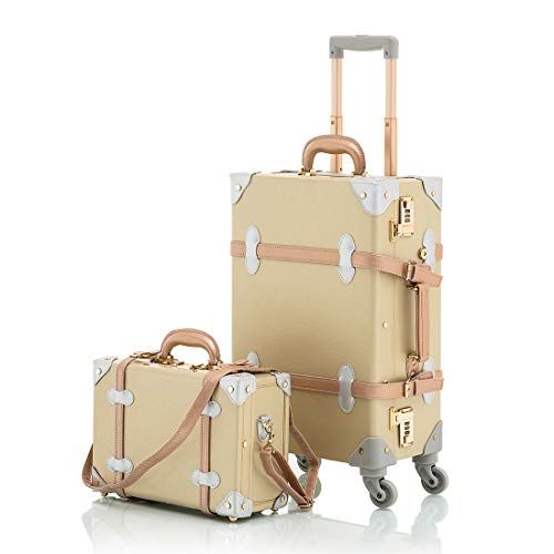COTRUNKAGE Small 20 Vintage Luggage Set 2 Pieces TSA Approved Carry On  Suitcase for Women with Wheels, White/Green