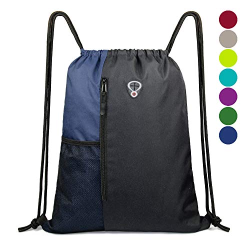 TEABAN Gym Drawstring Bag, Waterproof Drawstring Backpack with Zipper  Pocket, Men's and Women's Fitness Drawstring Bag Swimming Bag, Black Large