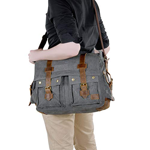 Lifewit BROWN WAX LEATHER BROWN CANVAS FLAP SHOULDER BAG PADDED LAPTOP  BRIEFCASE