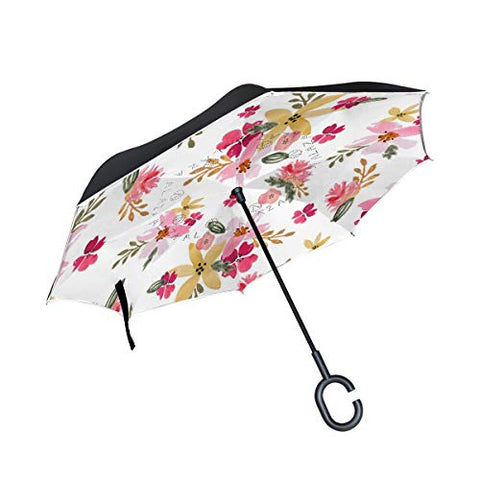 Reverse Umbrella Watercolor Floral Windproof Anti-UV for Car Outdoor Use