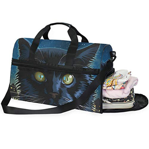 Travel Tote Luggage Weekender Duffle Bag, Black Cat Night Large Canvas shoulder bag with Shoe