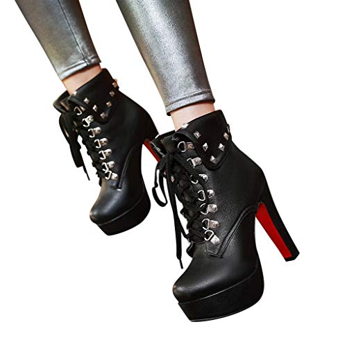 Outtop(TM) Retro Women Solid Ankle Boots Ladies Metal Rivet Thick Super High Heel Round Toe Short Booties (US:7, Black)