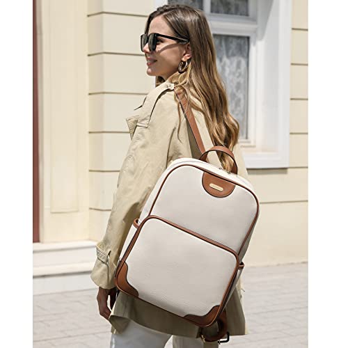 CLUCI Leather Laptop Backpack for Women 15.6 inch Computer Backpack Travel  Large Business Work Daypack Off-white with Brown