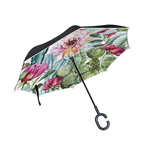 Reverse Umbrella Watercolor Cactus Pattern Windproof for Car