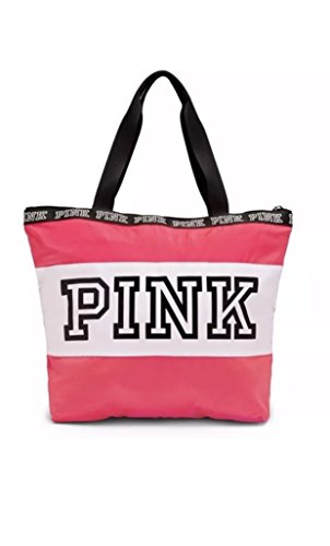 Victoria's Secret Neon Pink Stripe Drawstring Tassel Tote Bag