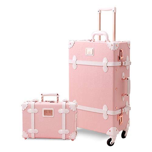 Embossed Pink Vintage Style Suitcase Luggage Set With Wheels 