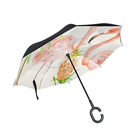 Reverse Umbrella Watercolor Flamingo Windproof Anti-UV for Car Outdoor Use