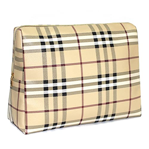 Checkered Travel Makeup Bag, Vegan Leather Large Retro Cosmetic Pouch,  Toiletry Bag for Women, Portable and Waterproof, Brown 
