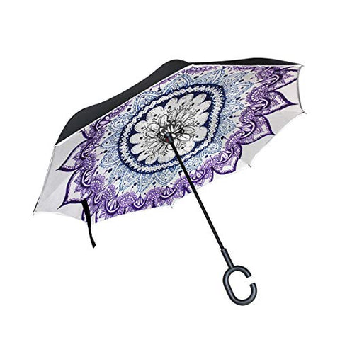 Reverse Umbrella Purple-Blue Mandala Windproof Anti-UV for Car Outdoor Use