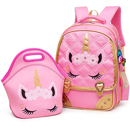 Cute pink school backpack with patches. Kids bag for school