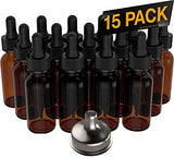 15 Pack Essential Oil Bottles - Round Boston Empty Refillable Amber Bottle with Glass Dropper [ Free Stainless Steel Funnel ] for Liquid Aromatherapy Fragrance Lot - (1 oz) 30ml