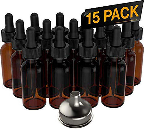 15 Pack Essential Oil Bottles - Round Boston Empty Refillable Amber Bottle with Glass Dropper [ Free Stainless Steel Funnel ] for Liquid Aromatherapy Fragrance Lot - (1 oz) 30ml