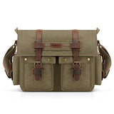 Kattee British Style Retro Unisex Canvas Leather Messenger Shoulder Bag Fits 14.7" Laptop (Army