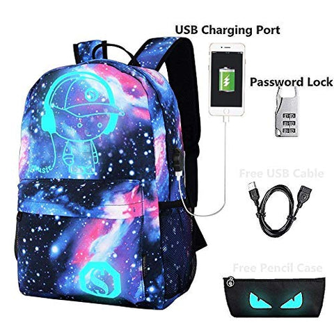 Lmeison Anime Cartoon Luminous Backpack with USB Charging Port and Lock &Pencil Case, Unisex