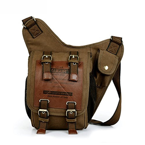 AUGUR Vintage Canvas Military Messenger Bag Sling Bags Leather Patchwork Messenger Bag (Brown)