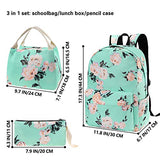 Flowers Backpack Kids School Bag 3-in-1 Bookbag Set, Junlion Rose Laptop Backpack Lunch Bag Pencil Case Gift for Teen Girls Womens Green