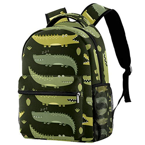 Kids School Backpacks Cute Green Gator Crocodile Pattern 16 IN Student Bookbag Small Daypack for Preschool,Kindergarten,Elementary School