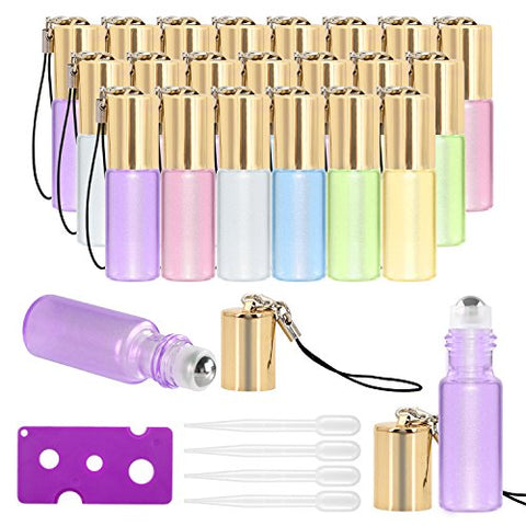 Essential Oil Roller Bottles - 24 Pack 5ml Pearl Colored Glass Roller Bottles with Stainless Steel Roller Balls by Mavogel, Essential Oil key Opener and Droppers Included