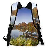 Multi leisure backpack,Lake View Fishing Countryside Themed With Tre, travel sports School bag for adult youth College Students