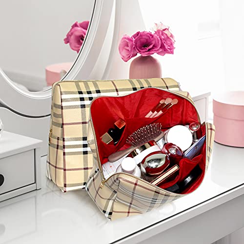 Travel Makeup Bag for Women Pink Checkered Cosmetic Pouch Vegan Leather  Large Retro Toiletry Bag 