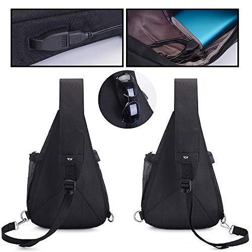 Men Women Crossbody Shoulder Bag Cycle Sling Chest Pack & USB Port in Black | One Size