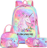 School Backpacks Girls Elementary Bookbag Cute Lightweight Backpack Set Kids Lunch box and Pencil case (Rainbow 2 - Fayry Unicorn T0032)