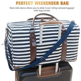 Oflamn 21" Weekender Bags Canvas Leather Duffle Bag Overnight Travel Carry On Tote Bag with Luggage Sleeve (Blue/White Striped)