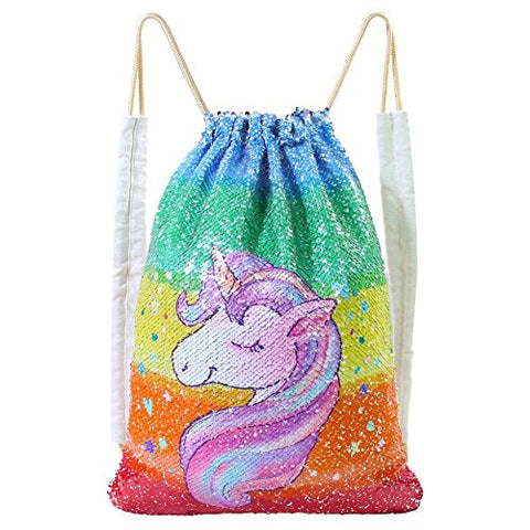 MHJY Unicorn Bag Reversible Sequin Drawstring Bag Sparkly Gym Dance Backpack,Colorful