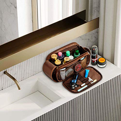 Elviros Toiletry Bag for Men, Large Travel Shaving Dopp Kit Water-resistant Bathroom  Toiletries Organizer PU Leather Cosmetic Bags Brown Large (Pack of 1)