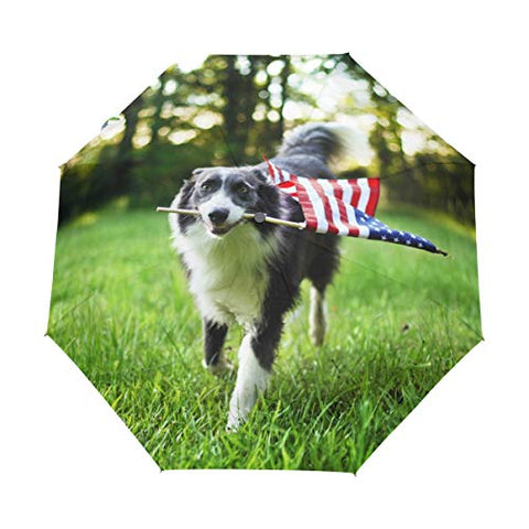 Umbrella Dog Holding American Flag Golf Travel Sun Rain Windproof Auto umbrellas with UV Protection