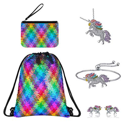 Segorts Unicorn Gifts for Girls Mermaid Drawstring Bag Dance Gym Backpacks Unicorn Bracelet/Necklace/Earring