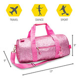 Bixbee Kids Duffle Bag, Dance Bag & Travel Bag for Sports, Gymnastics and Ballet with Adjustable Strap, Zippers, Pockets, and Flake-Resistant Glitter - Dance Bag for Girls in Sparkalicious Pink