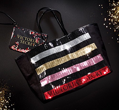 Victoria's Secret Black Friday Tote Large Black and Silver Sequins Small Zip