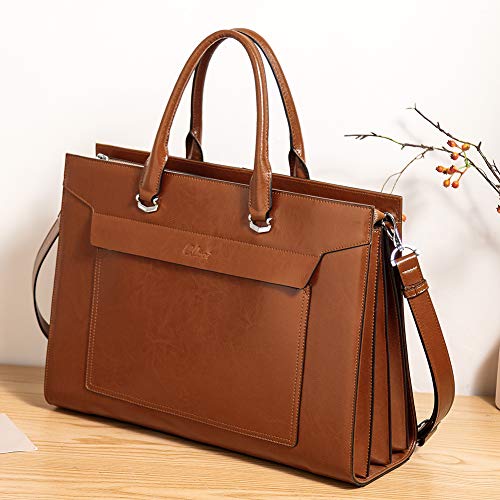 CLUCI Laptop Tote Bag Leather 15.6 inch Briefcase for Women Large Work  Shoulder Bags Handbag for Office,School,Travel(beige with brown) 