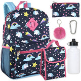 Girl's 6 in 1 Backpack Set Including A Backpack, Lunch Bag, Pencil Case,Water Bottle, Pom Pom Keychain, And Clip (Unicorn)