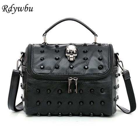 Rdywbu Women Real Split Sheep Leather Messenger Bag Rivet Skull Tote Handbag Travel Crossbody