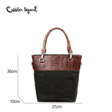 Cobbler Legend Green Stripe Genuine Leather & Blended Fabric Tote Bag Brand Handbag Women Bag