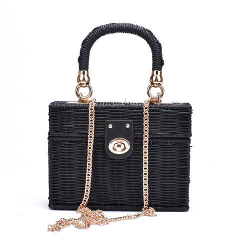 New Rattan Black Straw Shoulder Bag Women Hand-Woven Messenger Bag Summer Beach Square Box Straw