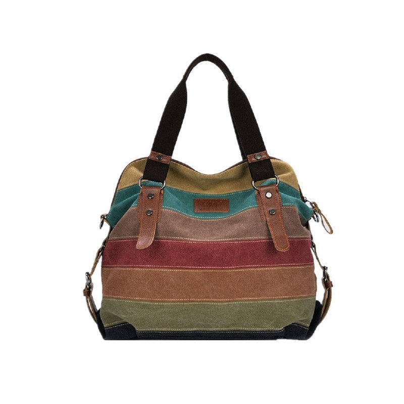 Fashion Women'S Girls Multicolor Stripes Patchwork Canvas Handbag Shoulder Bag Cross-Body Messenger