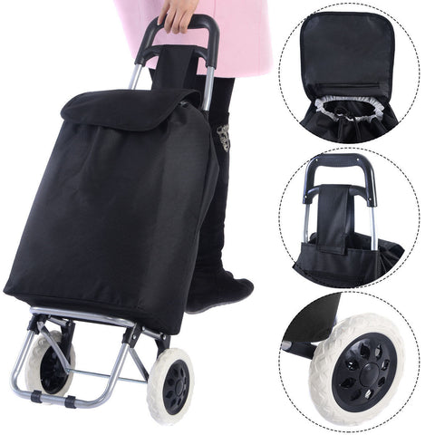 Costway Black Large Capacity Light Weight Wheeled Shopping Trolley Push Cart Bag