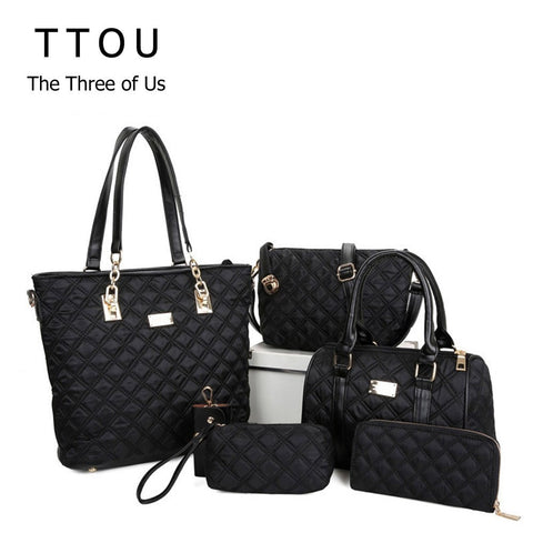 Ttou Women Fashion Diamond Lattice Handbag Set 6Pcs Patchwork Composite Bag Female  Vintage