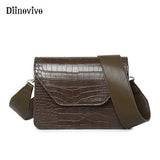 Diinovivo Pu Leather Small Square Bag New Wide Shoulder Bag Vintage Crocodile Pattern Fashion