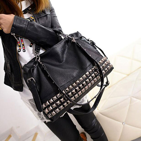 Rivet Women'S Pu Leather Handbag New 2019 Fashion Silver/Black Cowhide Women Messenger Bags One