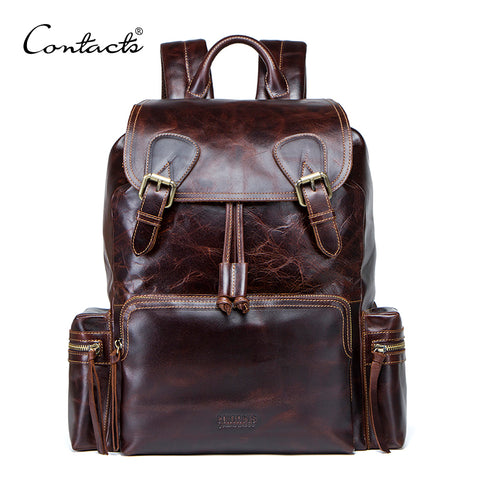 Contact'S Crazy Horse Cowhide Leather Men'S Backpack Medium Travel Bag Fashion Big Daypack