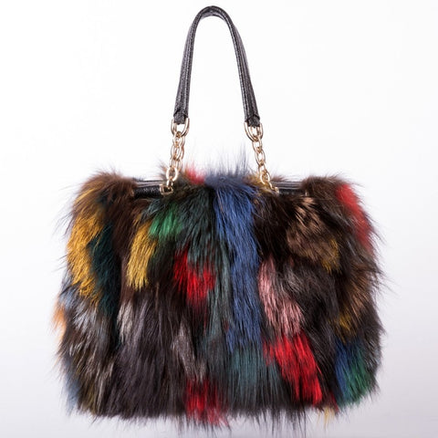 2019 New Brand Women Fashion Handbag Real Colorful Fur Women Tote Bags Large Capacity Fox Fur Chian