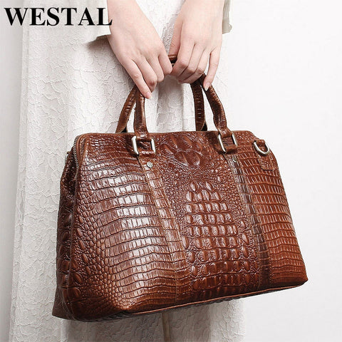 Westal Alligator Pattern Women Handbags Lady Leather Laptop 14 Genuine Leather Shoulder Bags