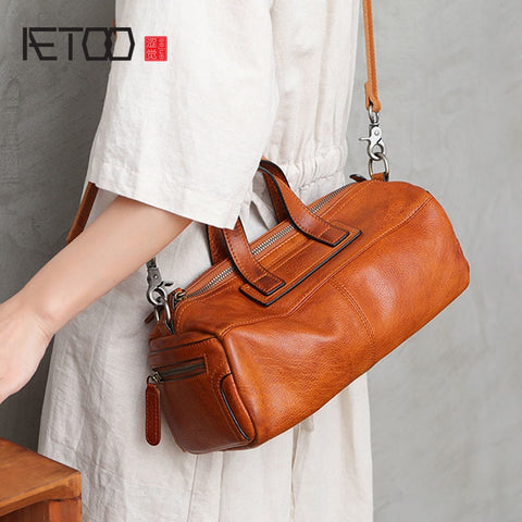 Aetoo New Autumn Wild Casual Leather Handbag Large Capacity Literary Retro Diagonal Cross Leather